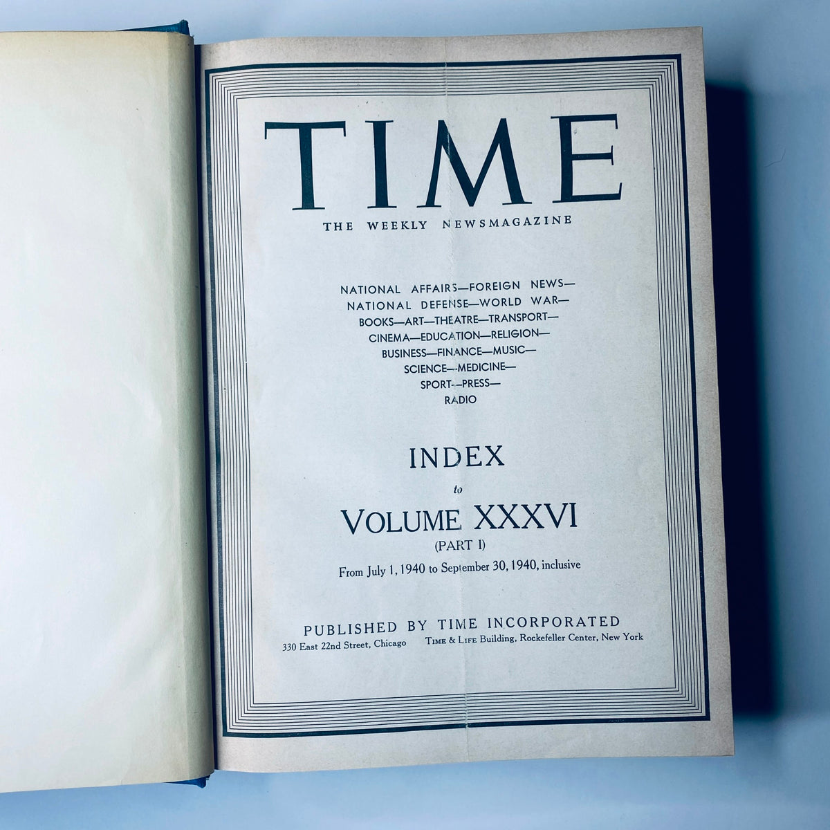 Index page of Time Magazine Library Bound July to September 1940 featuring Winston Churchill - provides an overview of contents and publication details.