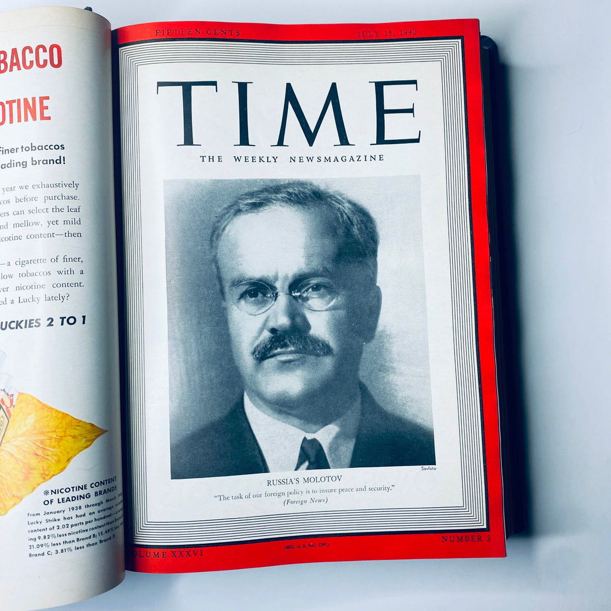 Cover of Time Magazine, Library Bound volume July 15, 1940, featuring Russia's Vyacheslav Molotov, with the title 'Time: The Weekly Newsmagazine'.