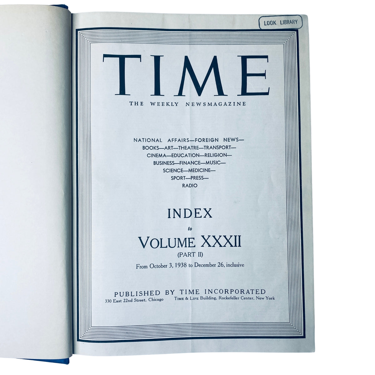 Index page of the Time Magazine Library Bound Weekly volume detailing the issues from October 3, 1938 to December 26, 1938.