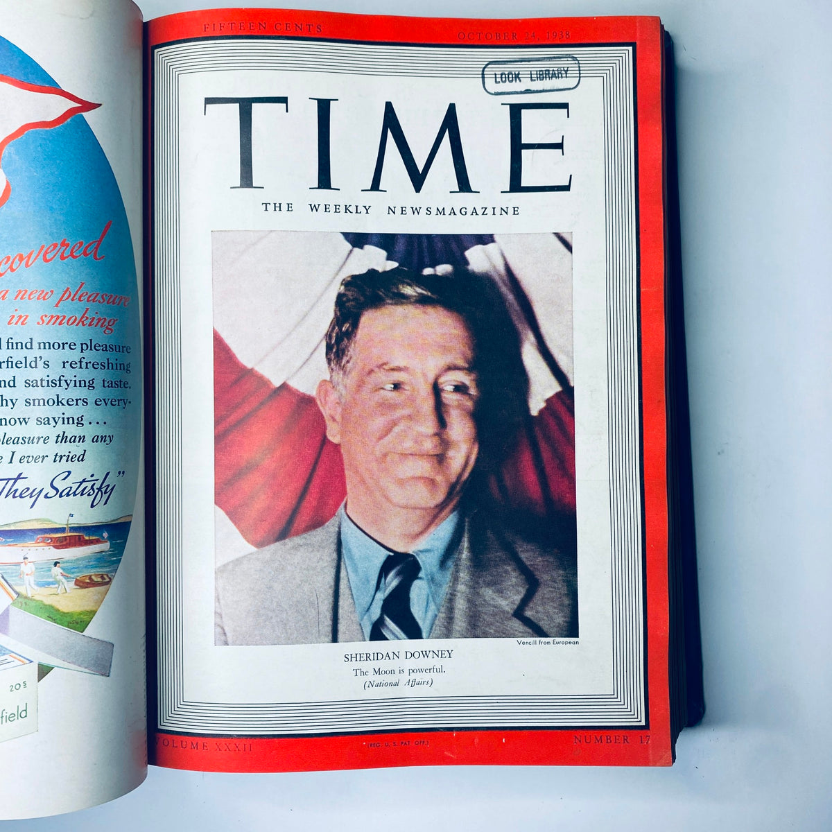 Cover of Time Magazine dated October 24, 1938, showcasing Sheridan Downey with the title 'Time Library Bound Weekly Magazine – October 3 to December 26, 1938'.