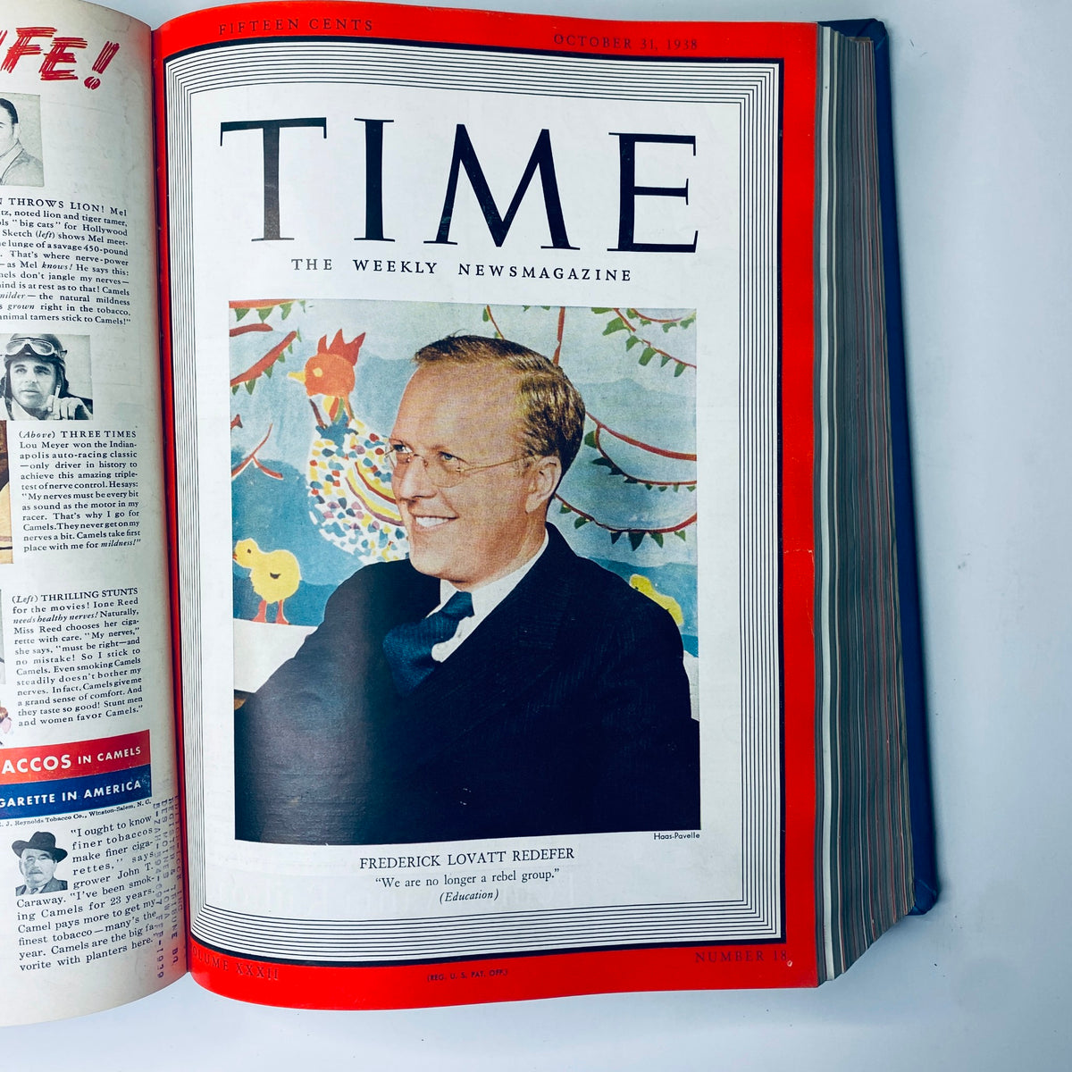 Cover of Time Magazine dated October 31, 1938, featuring Frederick Lovatt Redefer with the title 'Time Library Bound Weekly Magazine – October 3 to December 26, 1938'.