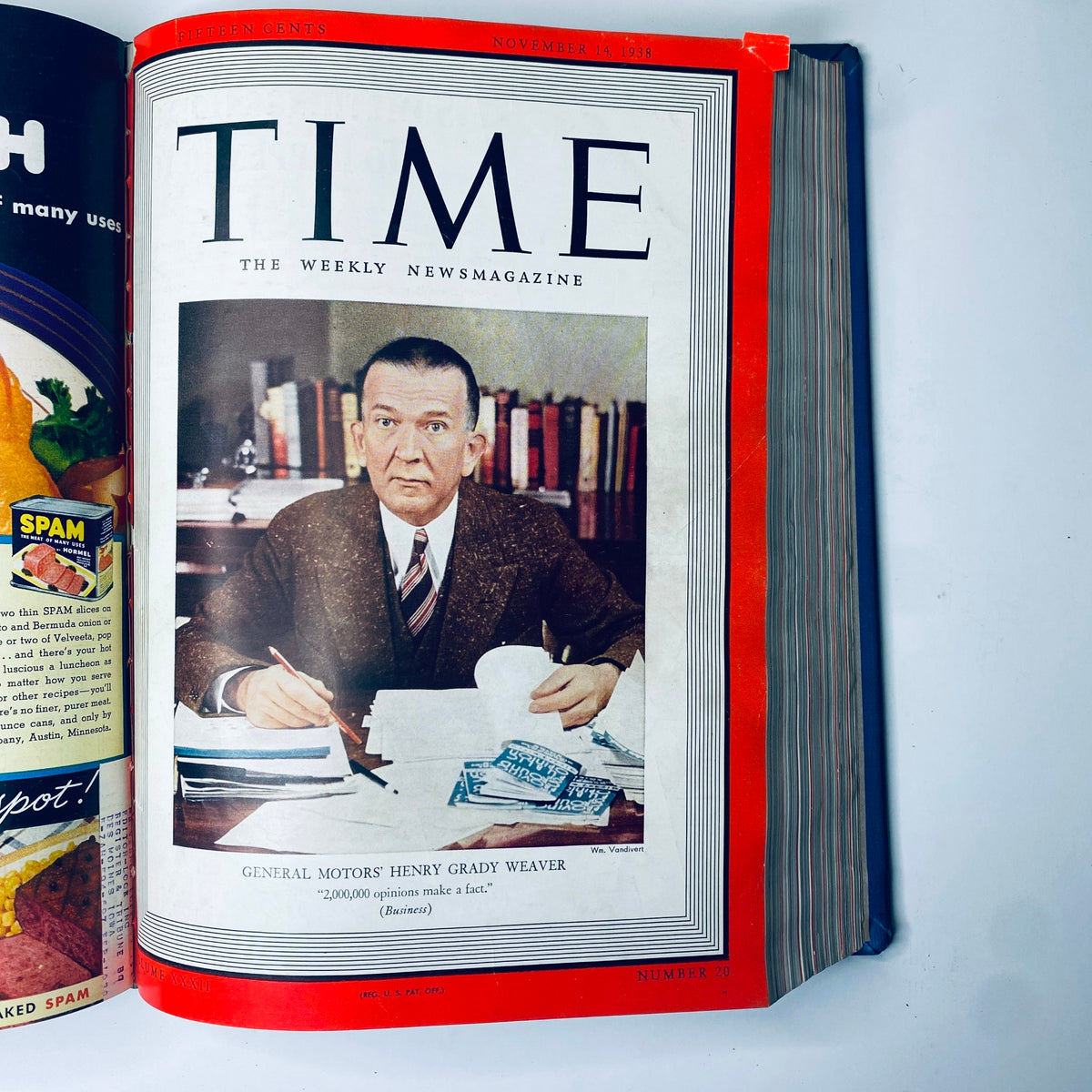 Cover of Time Magazine dated November 14, 1938, depicting General Motors' Grady Weaver with the title 'Time Library Bound Weekly Magazine – October 3 to December 26, 1938'.