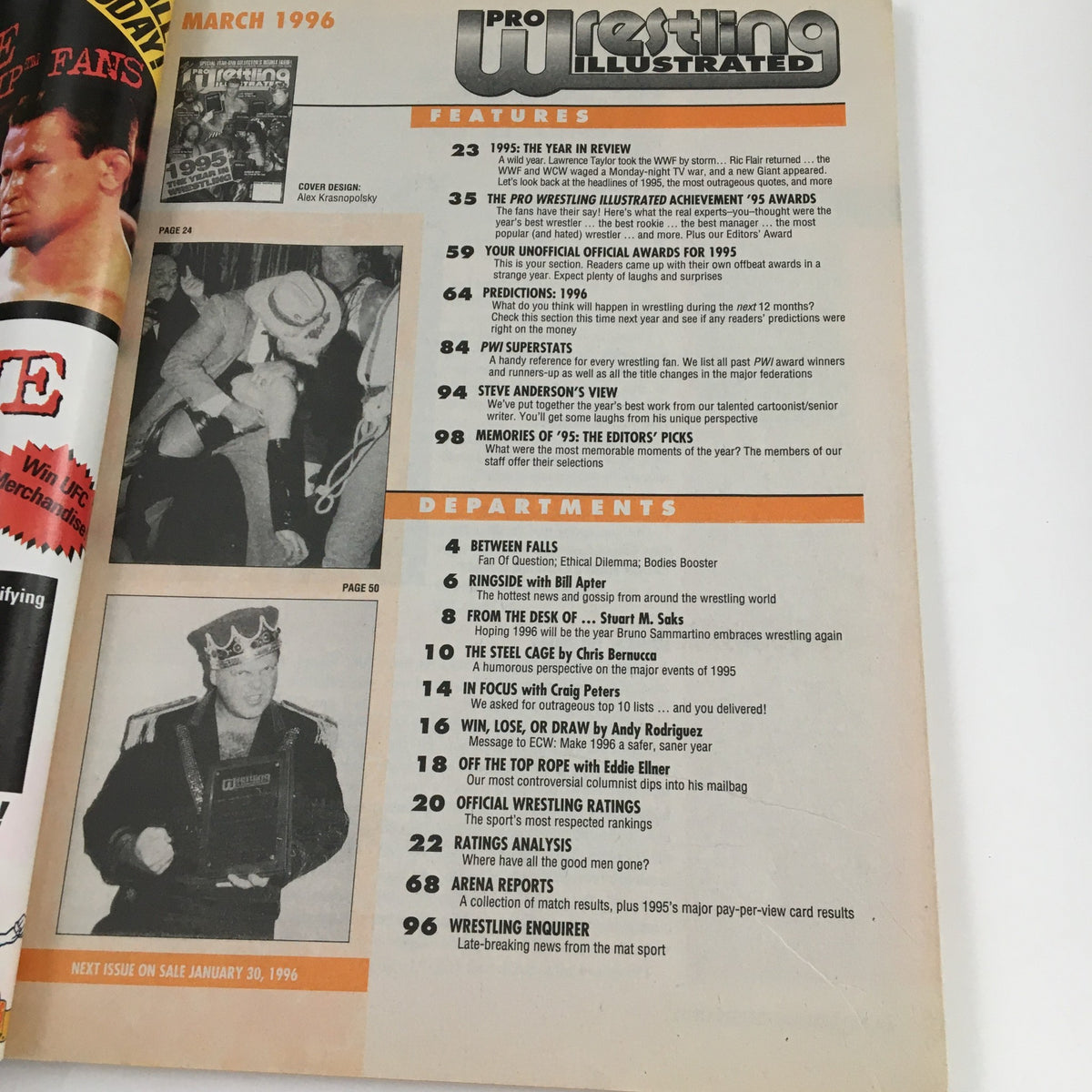 Table of contents for Pro Wrestling Illustrated March 1996, detailing features and departments, including a review of 1995 in wrestling.