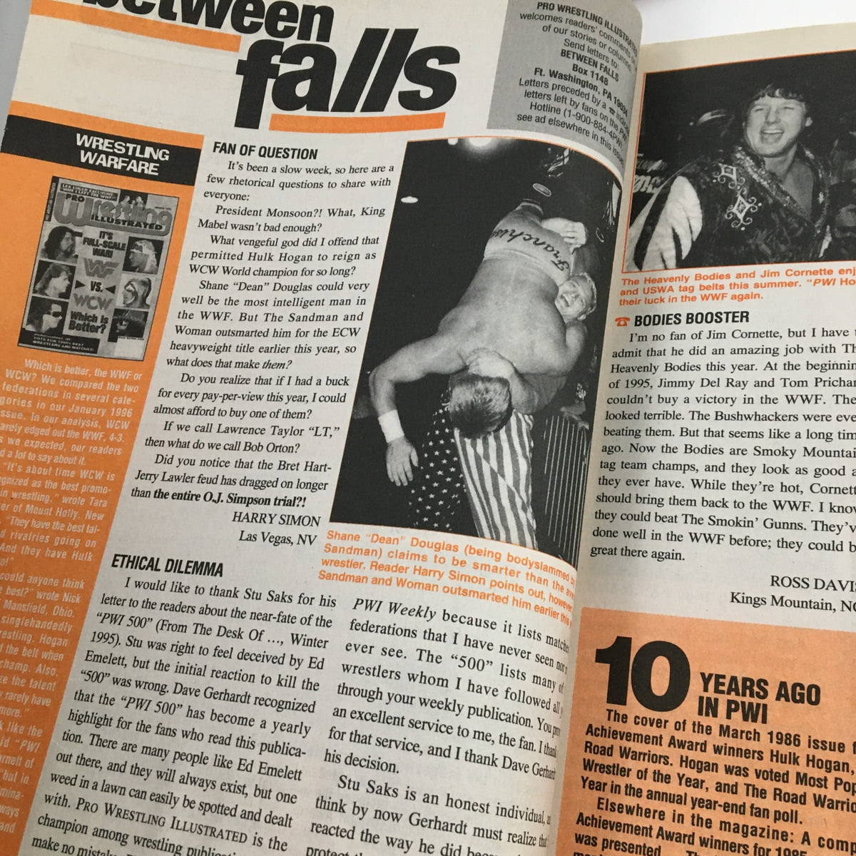 Article page from Pro Wrestling Illustrated March 1996 discussing wrestling topics, including fan questions and commentary on wrestling events.