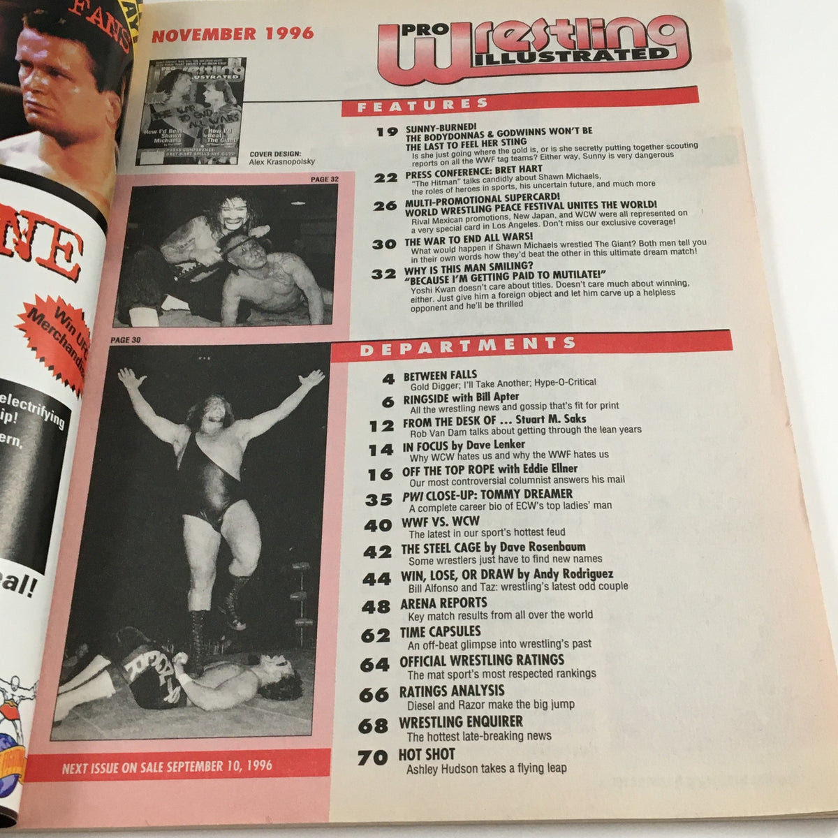 Interior page of Pro Wrestling Illustrated November 1996 displaying magazine features and article titles related to professional wrestling.