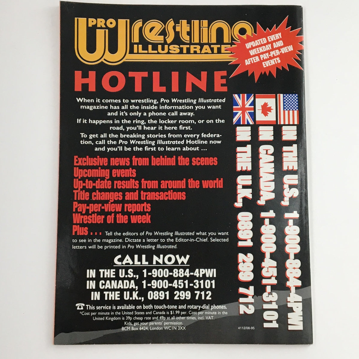 Back cover of Pro Wrestling Illustrated November 1996 featuring an advertisement for the magazine hotline, highlighting exclusive wrestling news and updates.