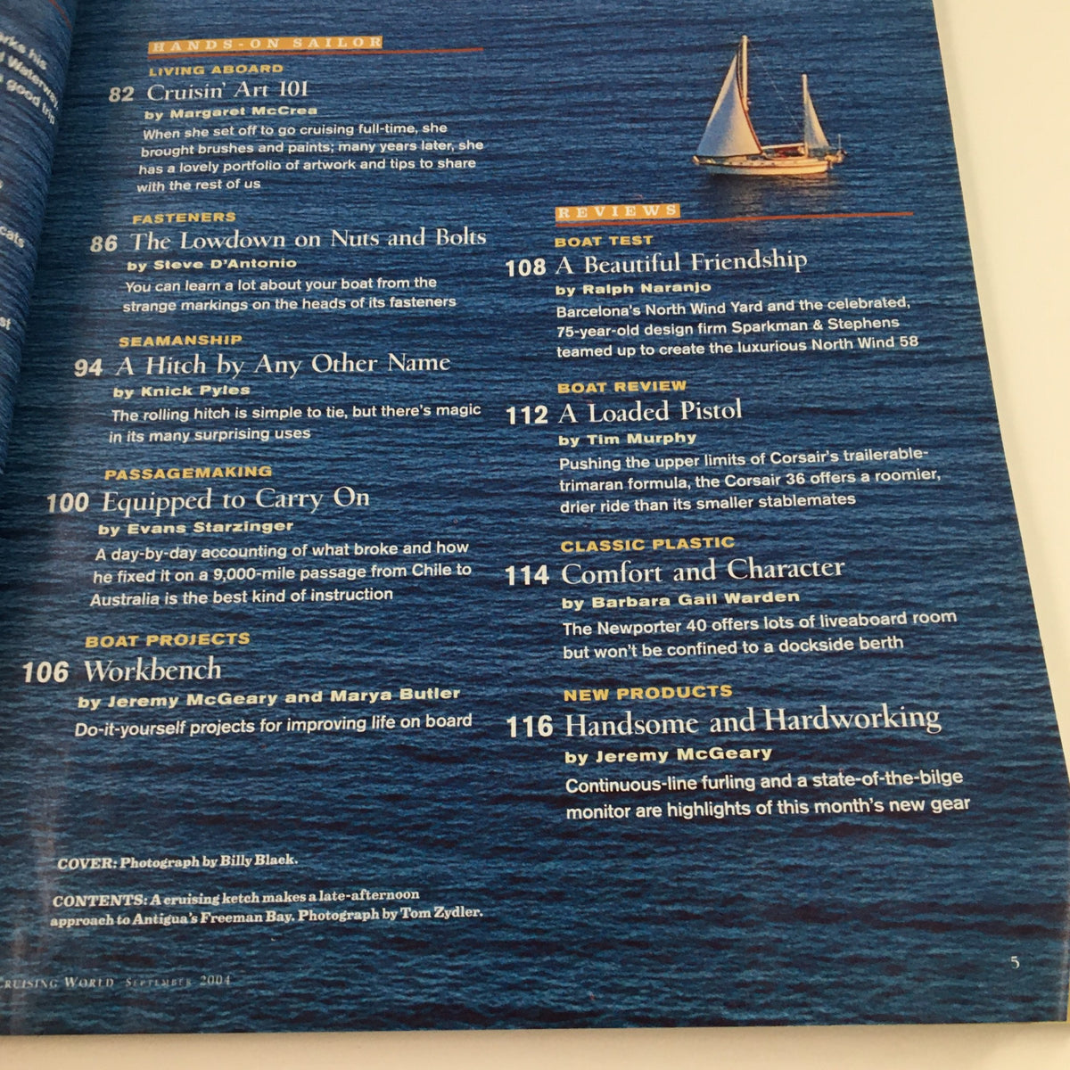 Interior page of Cruising World Magazine September 2004, with a continuation of the table of contents and features on sailing projects, including 'Comfort and Character' and 'Handsome and Hardworking'.