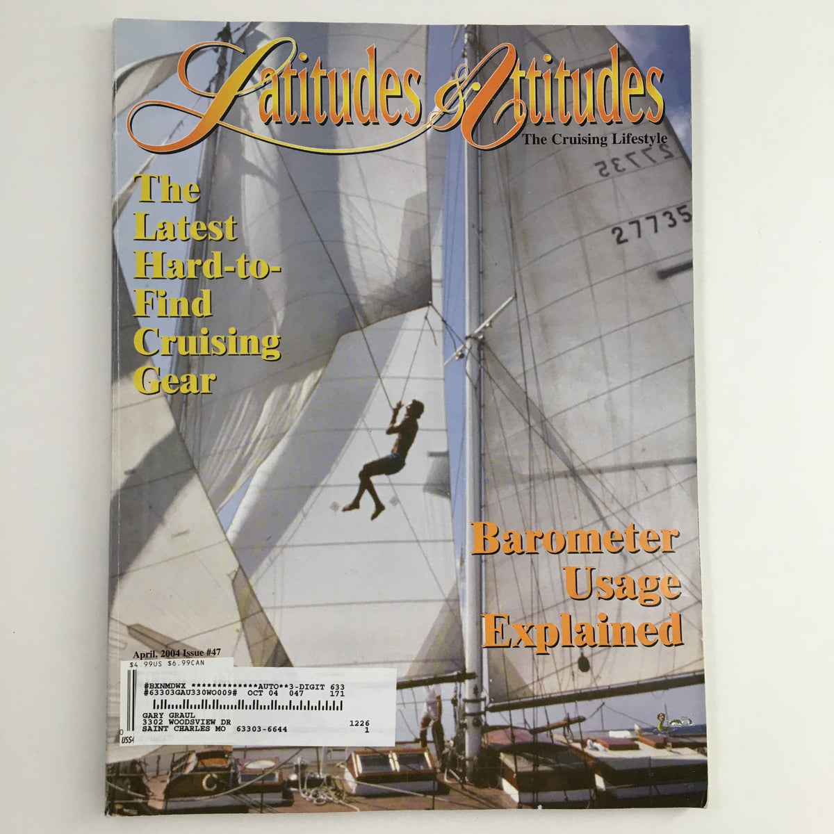 Latitudes & Attitudes Magazine April 2004 cover featuring a sailing scene and a figure sailing, showcasing the latest hard-to-find cruising gear.
