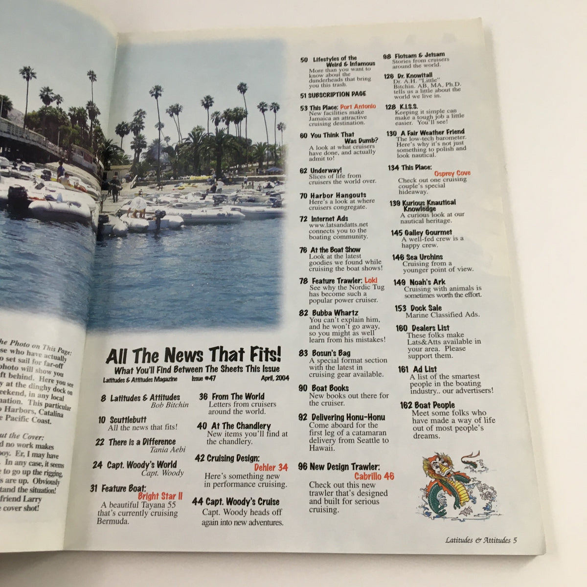 Inside page of Latitudes & Attitudes Magazine April 2004 displaying contents, with a view of a marina filled with boats and palm trees.