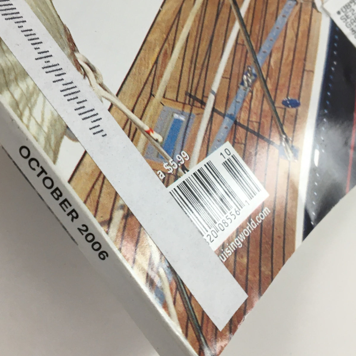 Close-up of the price label and barcode on the Cruising World Magazine October 2006, showcasing its collectible nature with a price of $5.99.
