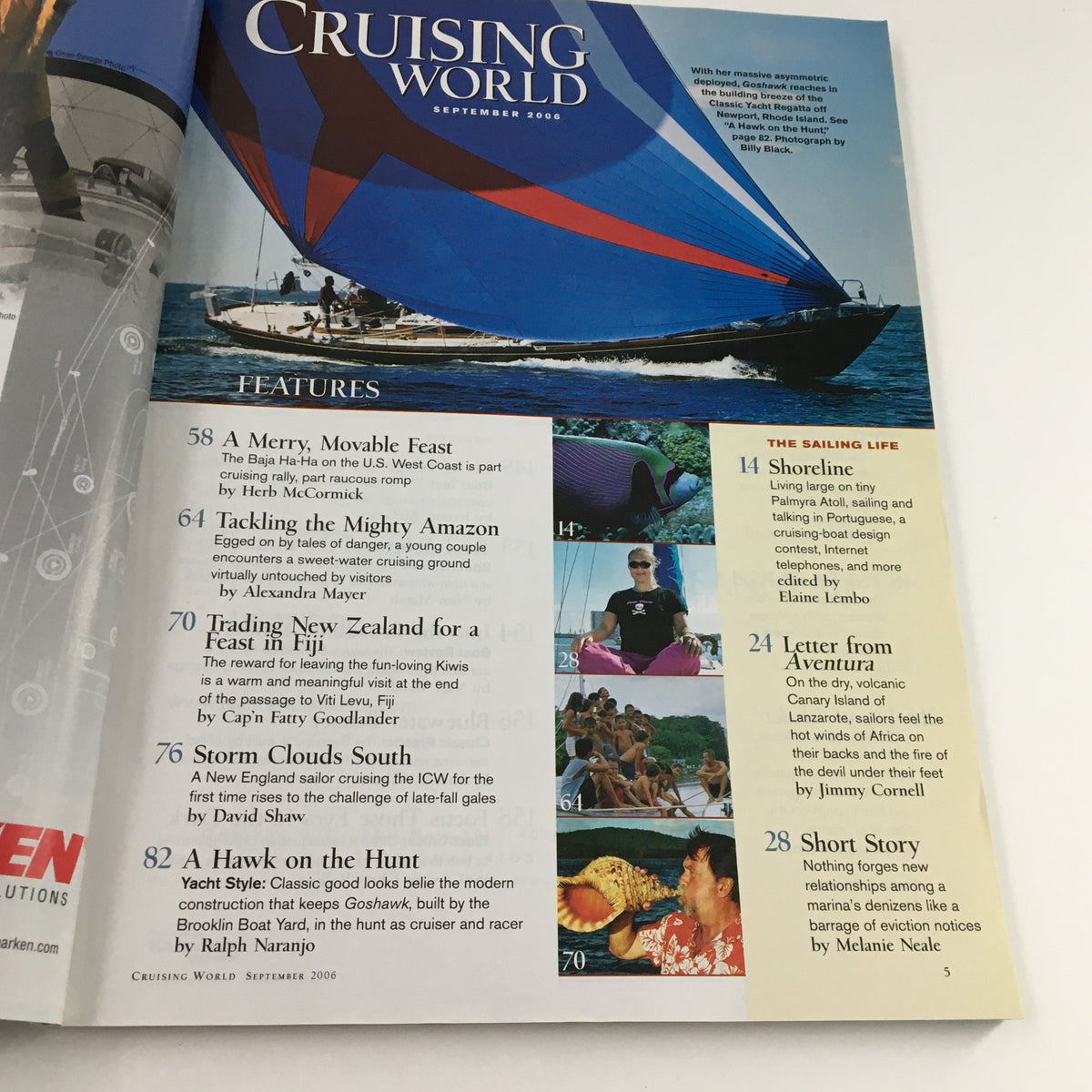Cover page of Cruising World Magazine September 2006 featuring a colorful sailboat with blue and red sails. The magazine highlights topics like 'Little Things That Make Sailing Easier'.