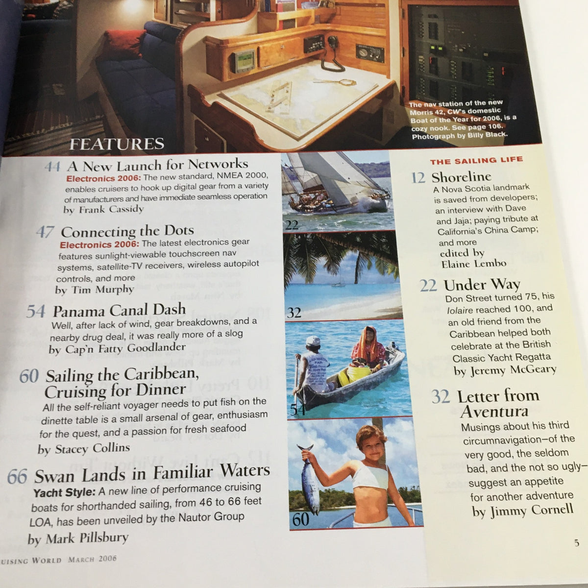 Interior view of a yacht featured in Cruising World Magazine March 2006, highlighting modern marine technology and design.