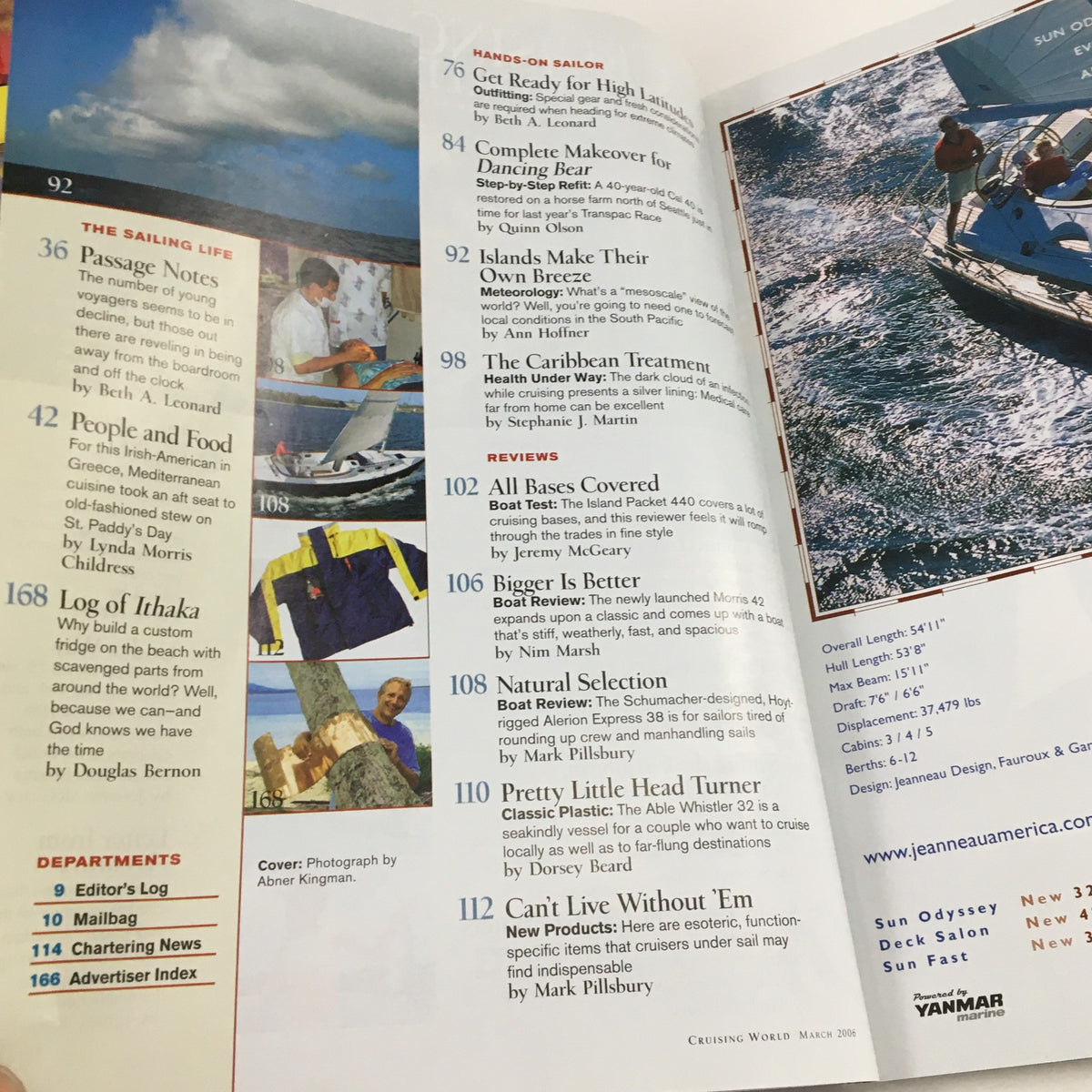 Detailed spread from Cruising World Magazine March 2006, showcasing articles on sailing life, including features on high-performance sails and destination sailing.