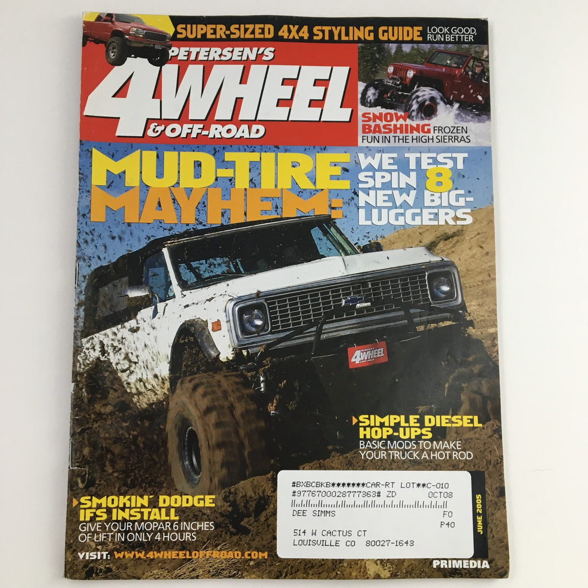 Cover of Petersen's 4 Wheel & Off-Road Magazine from June 2005 featuring the title 'Mud-Tire Mayhem' with a vintage off-road vehicle. Highlights include mud tire tests, off-roading tips, and rugged adventure themes.