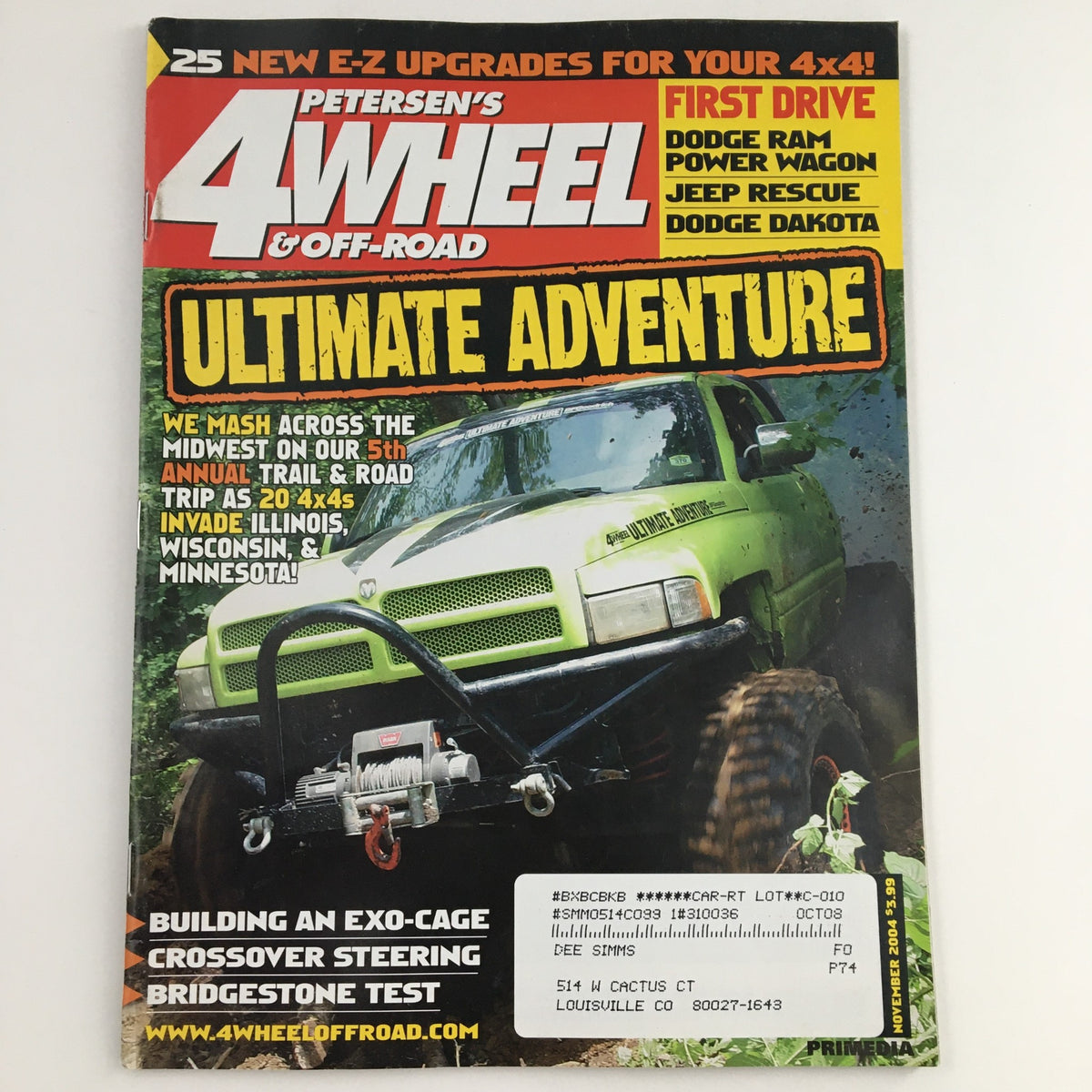 Cover of Petersen's 4 Wheel & Off-Road Magazine November 2004 featuring the 4-Wheel Ultimate Adventure with a green truck and promotional highlights for off-road upgrades.
