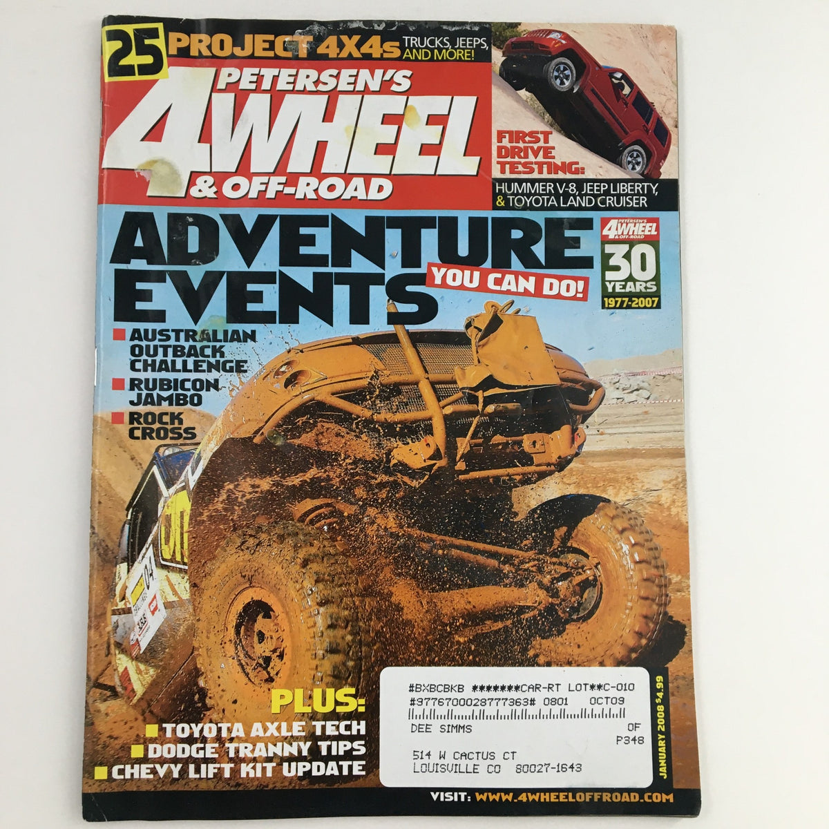 Cover of Petersen's 4 Wheel & Off-Road Magazine January 2008 featuring the Australian Outback Challenge, highlighting adventure events like Rubicon Jambo and Rock Cross, with vibrant graphics and event details.