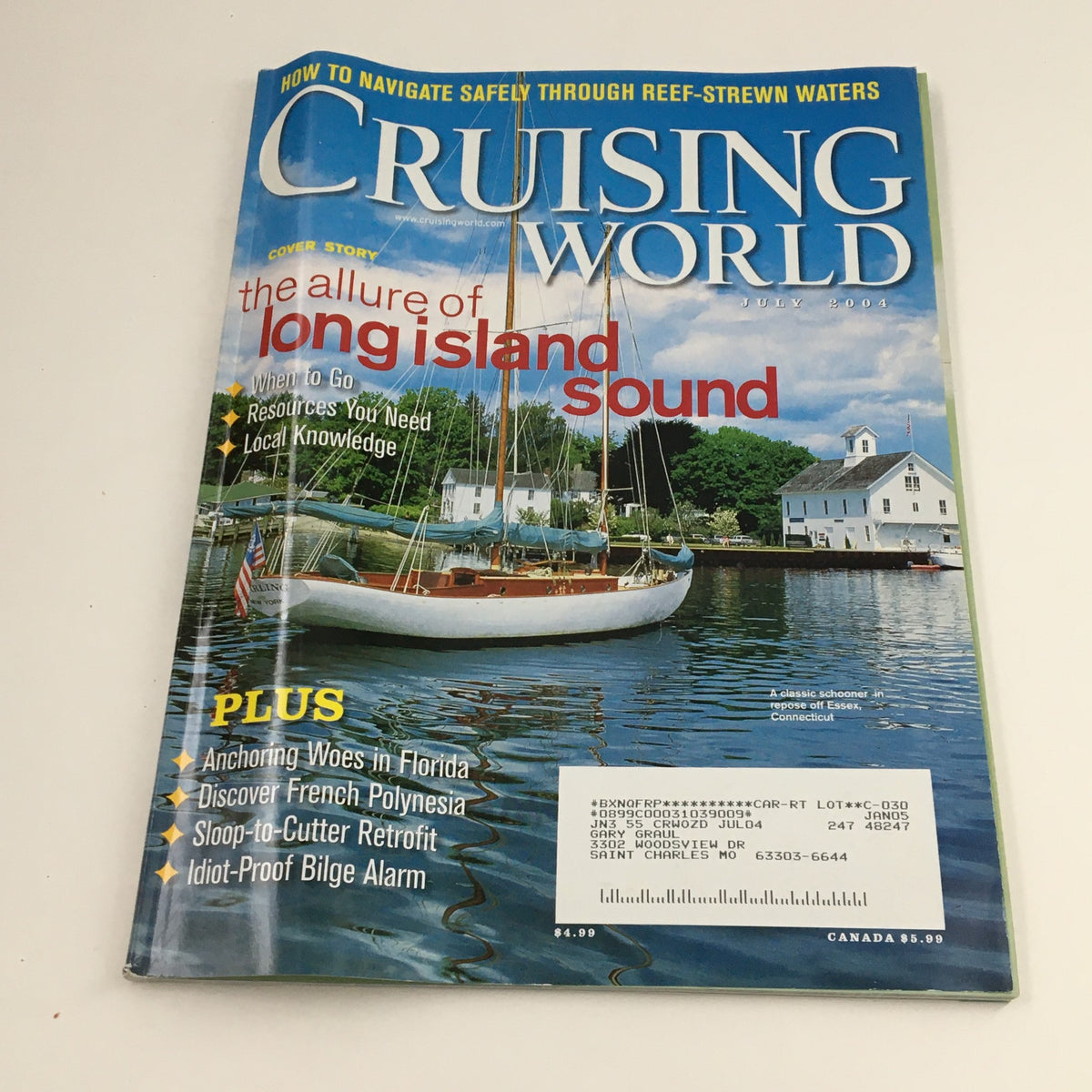 Cruising World Magazine July 2004 cover featuring the allure of Long Island Sound in Essex, CT with a sailboat and coastal scenery.