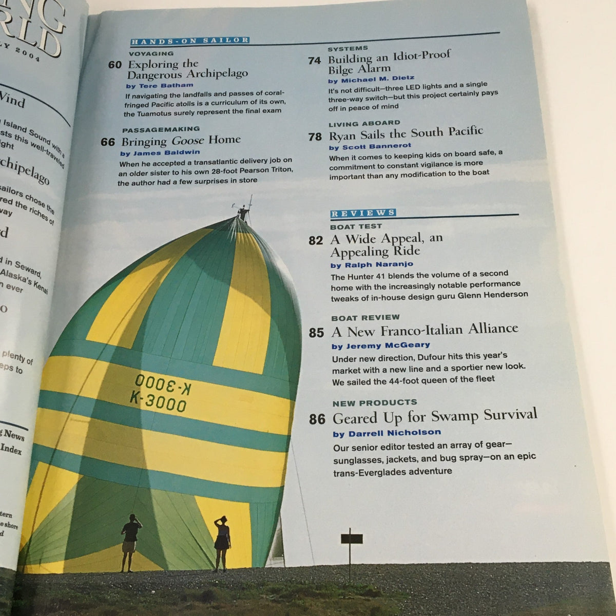 Another inside page from Cruising World Magazine July 2004 highlighting articles on exploring the dangerous archipelago and systems for boating safety.