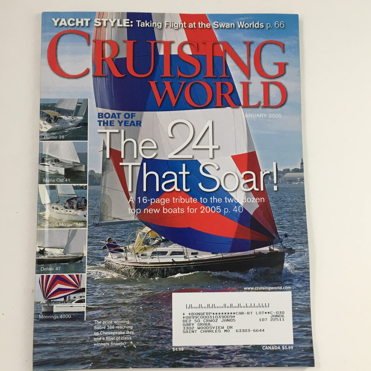 Cruising World Magazine January 2005 cover featuring a sailboat reaching with colorful sails on the Chesapeake Bay, highlighting sailing adventures and boat reviews.