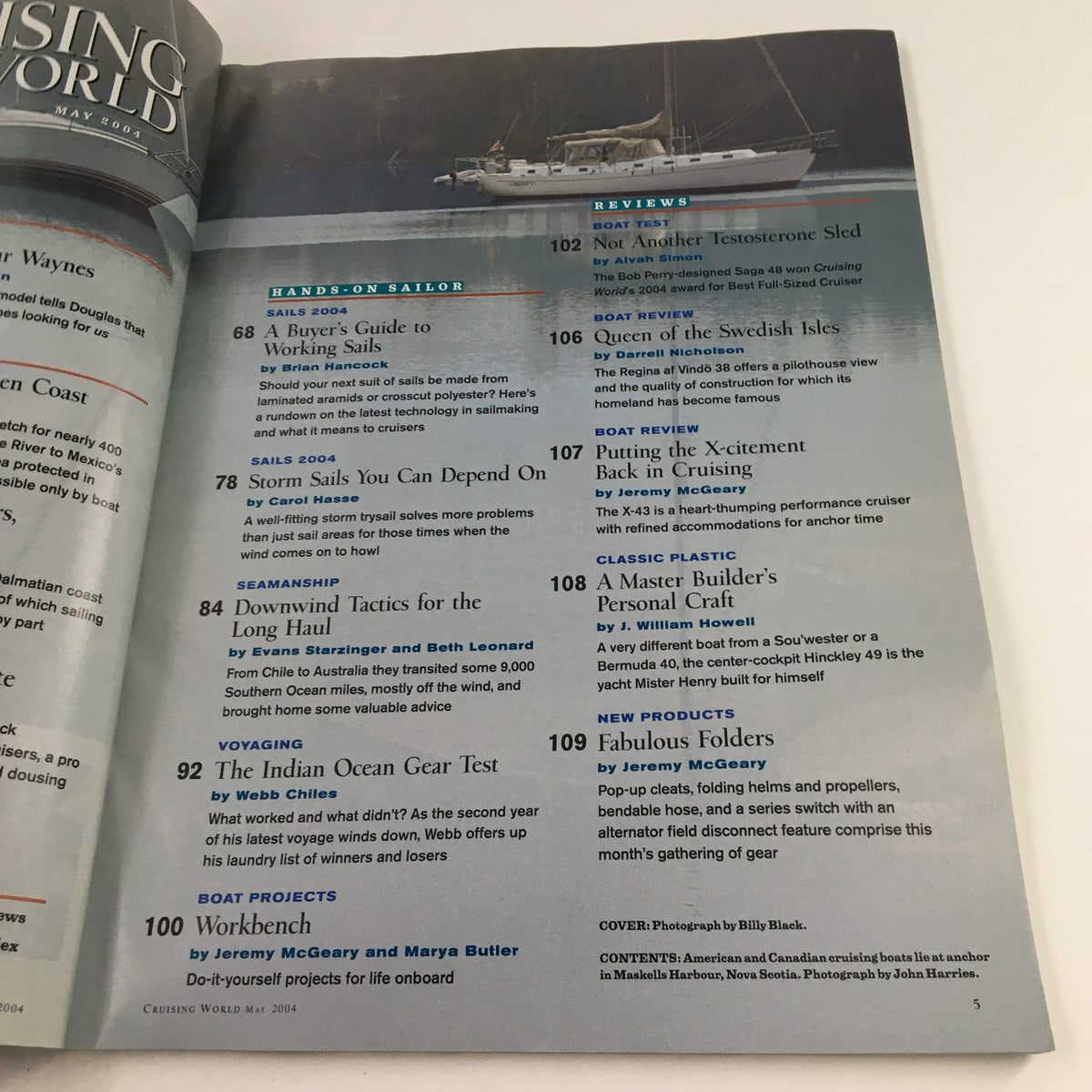 Cover page of Cruising World Magazine May 2004 featuring a sailing boat, highlighting articles on sailing techniques and experiences, including 'The Ultimate Sails Call & Hard Lessons Learned'.
