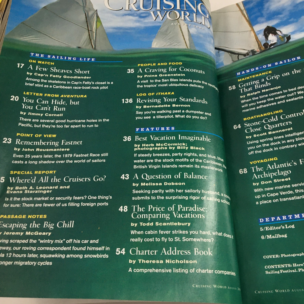 Interior page of Cruising World Magazine, August 2004, highlighting articles on sailing life and cruising adventures, with a focus on destinations and insights for sailing enthusiasts.