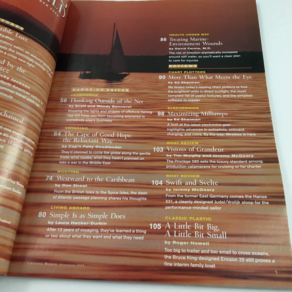 Another section of the contents page from Cruising World Magazine November 2004, highlighting articles on sailing topics including Globe Girdler.