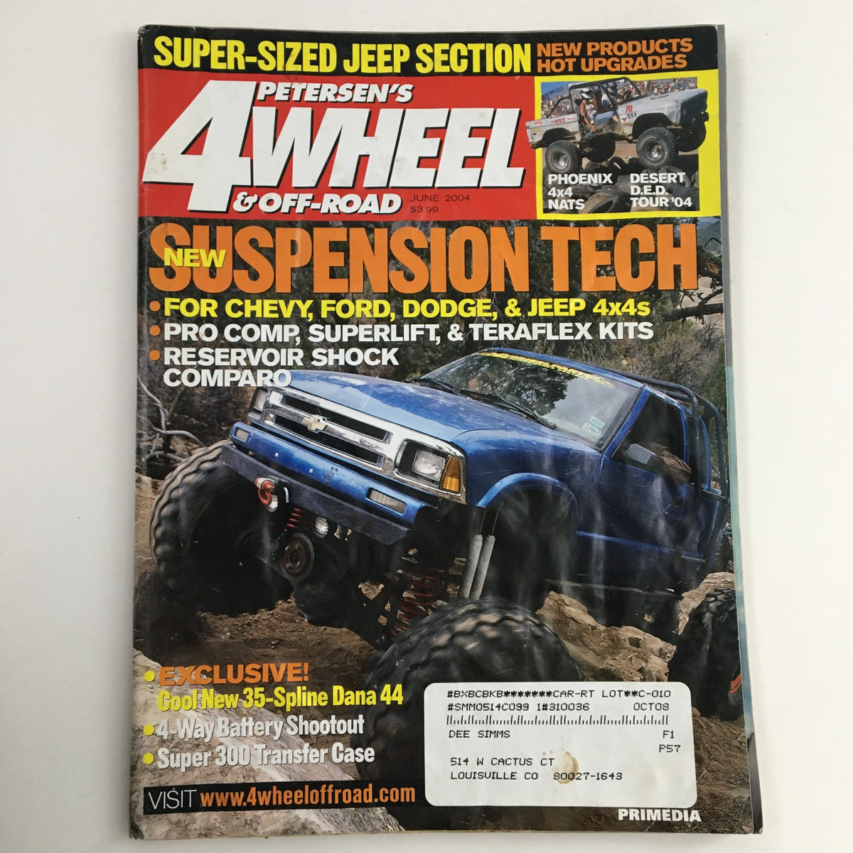 Petersen's 4 Wheel & Off-Road Magazine June 2004 cover featuring articles on Suspension Tech for Chevy, Ford, Dodge, and Jeep 4x4s with bold headlines and imagery of a modified 4x4 vehicle on rocky terrain.