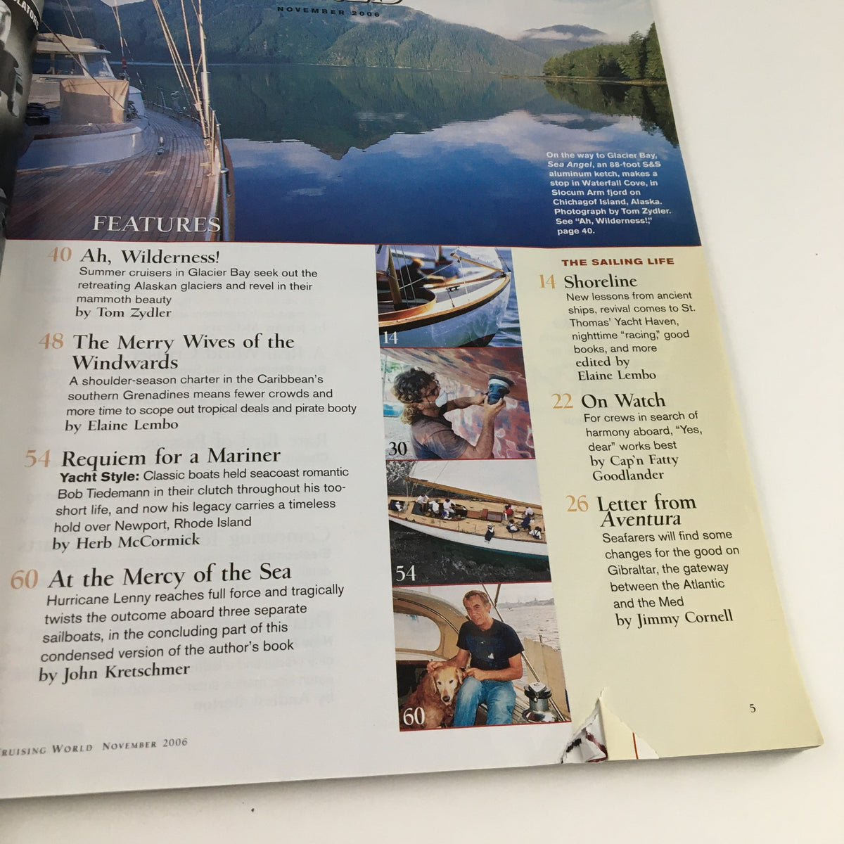 Page 5 of Cruising World Magazine November 2006 displaying contents and features including 'The Merry Wives of the Windwards' article, with a corner tear.