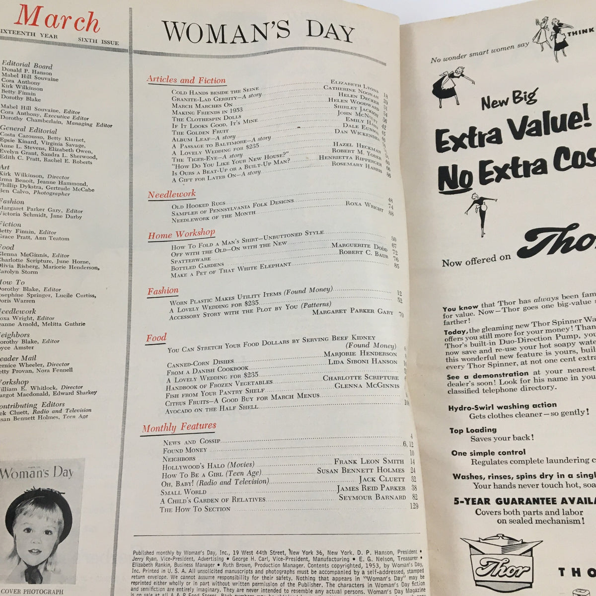 Inside spread of Woman's Day Magazine March 1953 showcasing articles and features including needlwork, food, and monthly features.