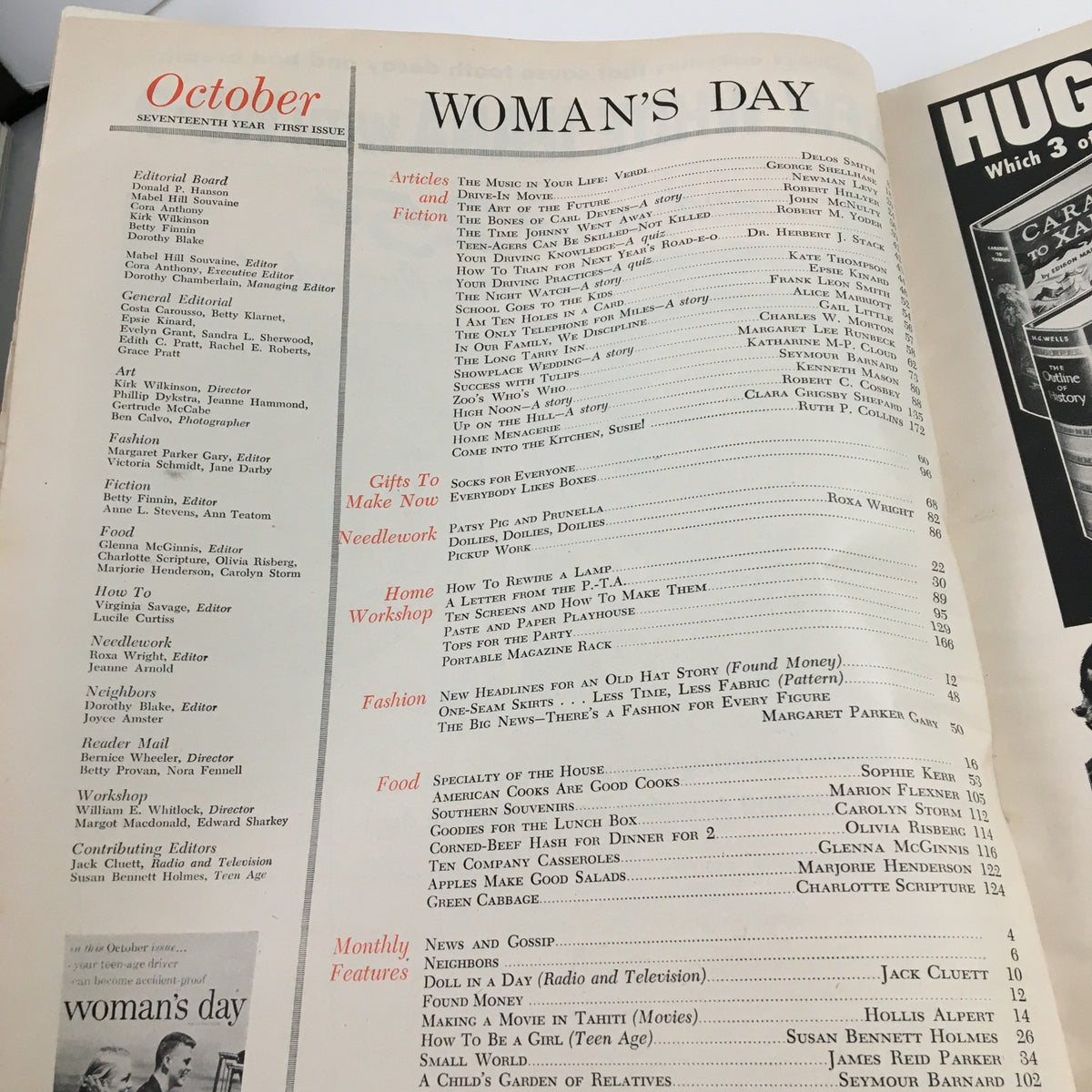Table of contents page from Woman's Day Magazine October 1953 revealing featured articles and themes, including music and lifestyle.