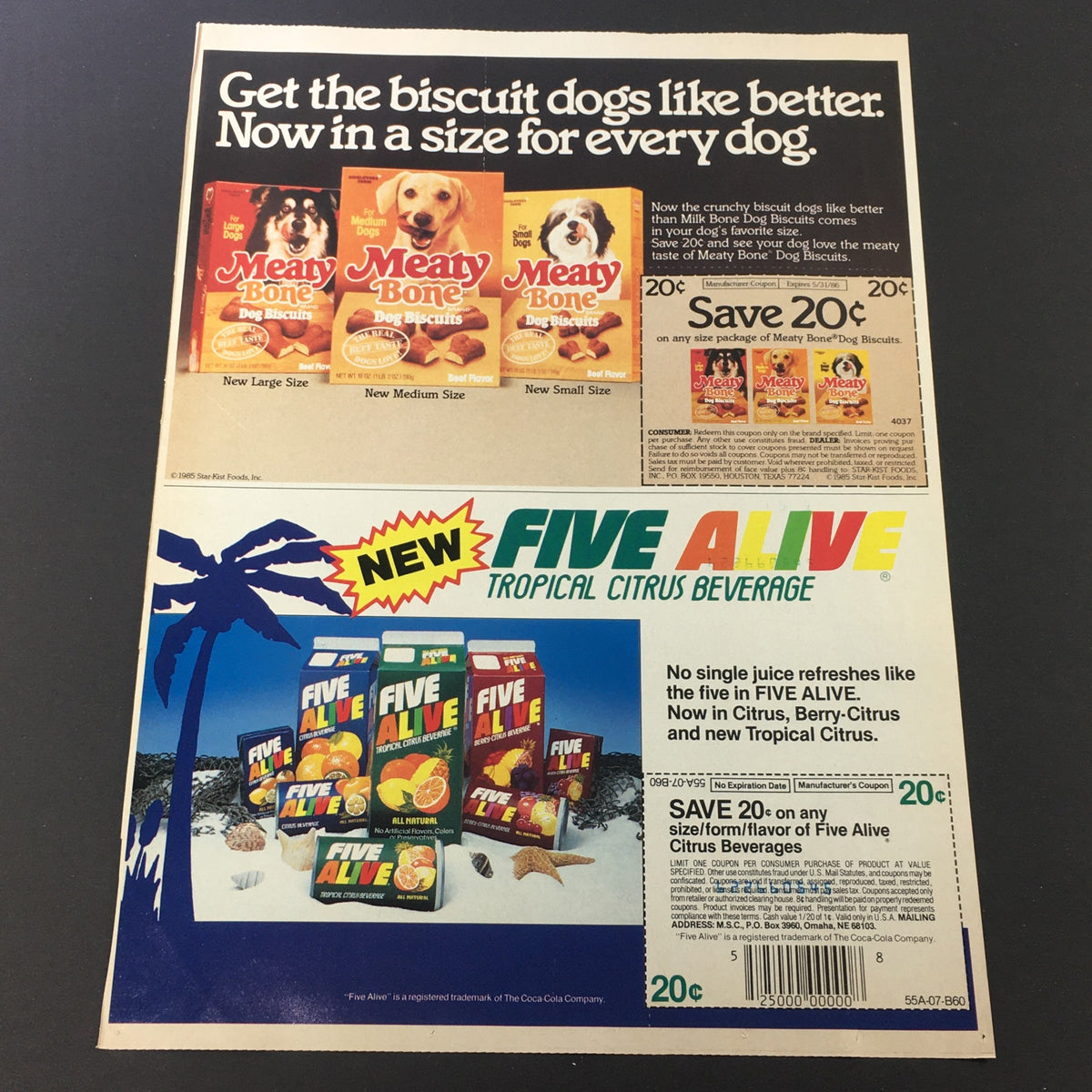Vintage 1985 Meaty Bone Dog Biscuits and Five Alive Tropical Beverage advertisement featuring various sizes of Meaty Bone Dog Biscuits and a bright tropical setting showcasing the Five Alive drinks.