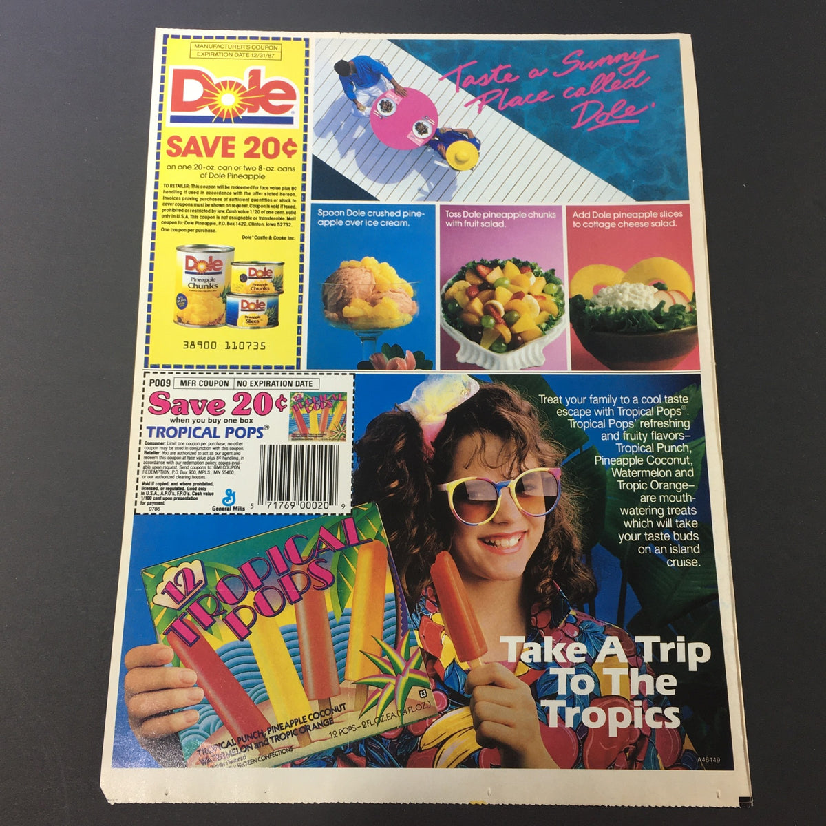 VTG Retro 1986 Dole Pineapple Print Ad coupon featuring colorful Tropical Pops and a young girl, promoting a special offer for Dole fruit products.