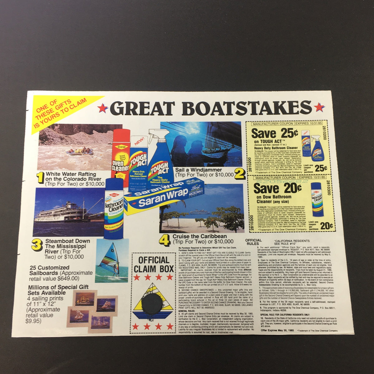 Vintage coupon advertisement featuring 'Great Boatstakes' with various prizes, including a white water rafting trip and cleaning product discounts. The design showcases colorful images and promotional claims.