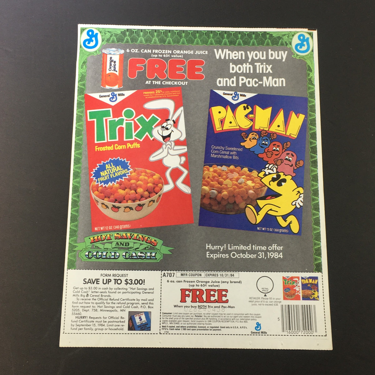 VTG Retro 1984 Trix Frosted Corn Puffs & Pac-Man Corn Cereal Print Ad featuring promotional offers for both cereals, including a coupon for free frozen orange juice with purchase. The layout includes vibrant images of the Trix and Pac-Man cereal boxes and promotional details.