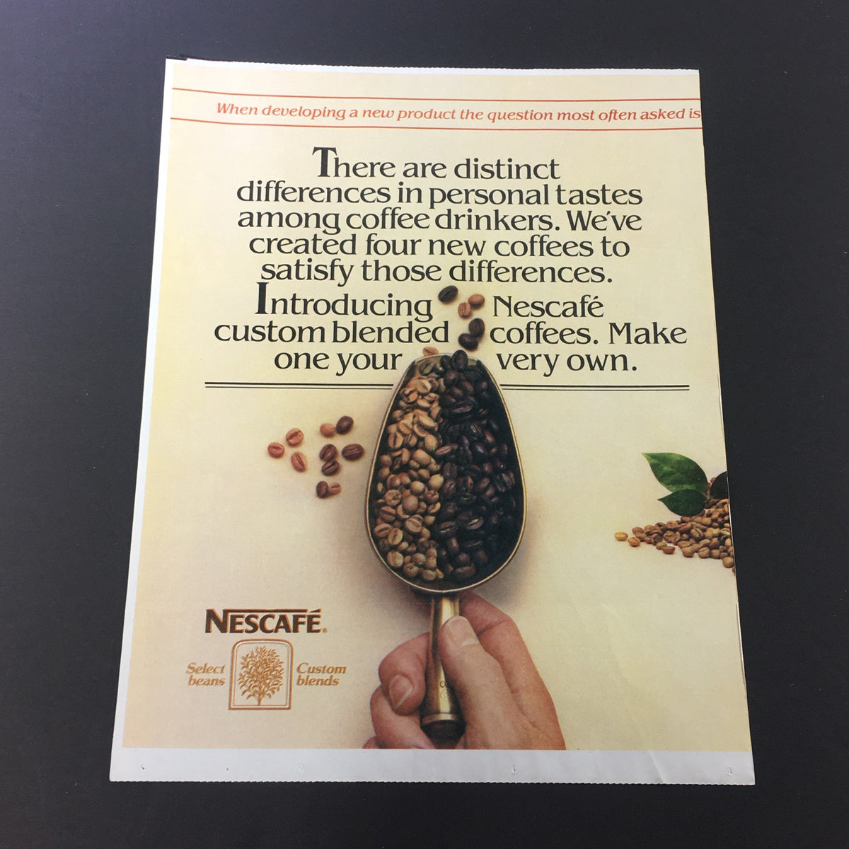VTG Retro 1984 Trix Frosted Corn Puffs & Pac-Man Corn Cereal Print Ad Coupon featuring a vintage coffee advertisement showcasing various coffee beans and a spoon. This ad promotes customizing coffee blends to suit personal taste.