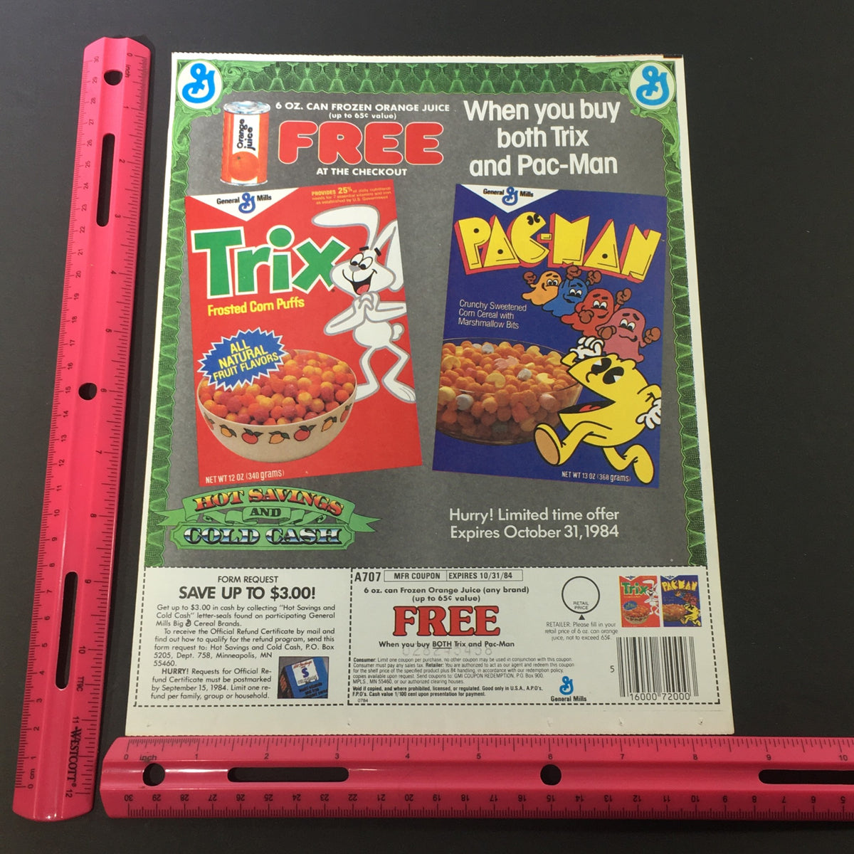 VTG Retro 1984 Trix Frosted Corn Puffs & Pac-Man Corn Cereal Print Ad Coupon displaying a colorful cereal advertisement from General Mills featuring Trix Frosted Corn Puffs and Pac-Man cereal, highlighting a limited-time offer with a coupon.