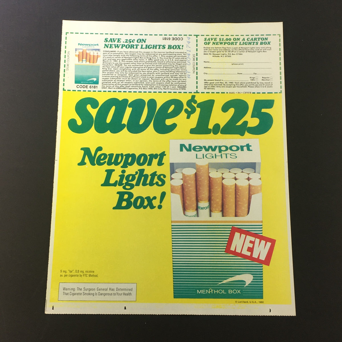 VTG Retro 1980 Newport Lights Menthol Cigarette Box Print Ad displaying a promotional coupon to save $1.25, featuring a vibrant yellow background and images of cigarettes.