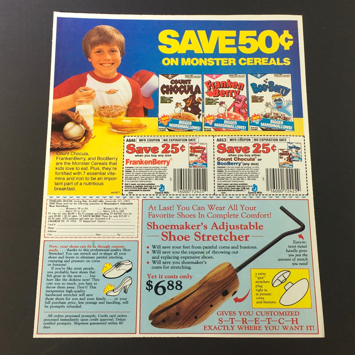 VTG Retro 1984 General Mills Monster Frosted Cereals Print Ad Coupon featuring a young boy enjoying cereal and coupons for Count Chocula, Franken Berry, and Boo Berry. Illustrates breakfast-related nostalgia with additional shoe stretcher advertisement.
