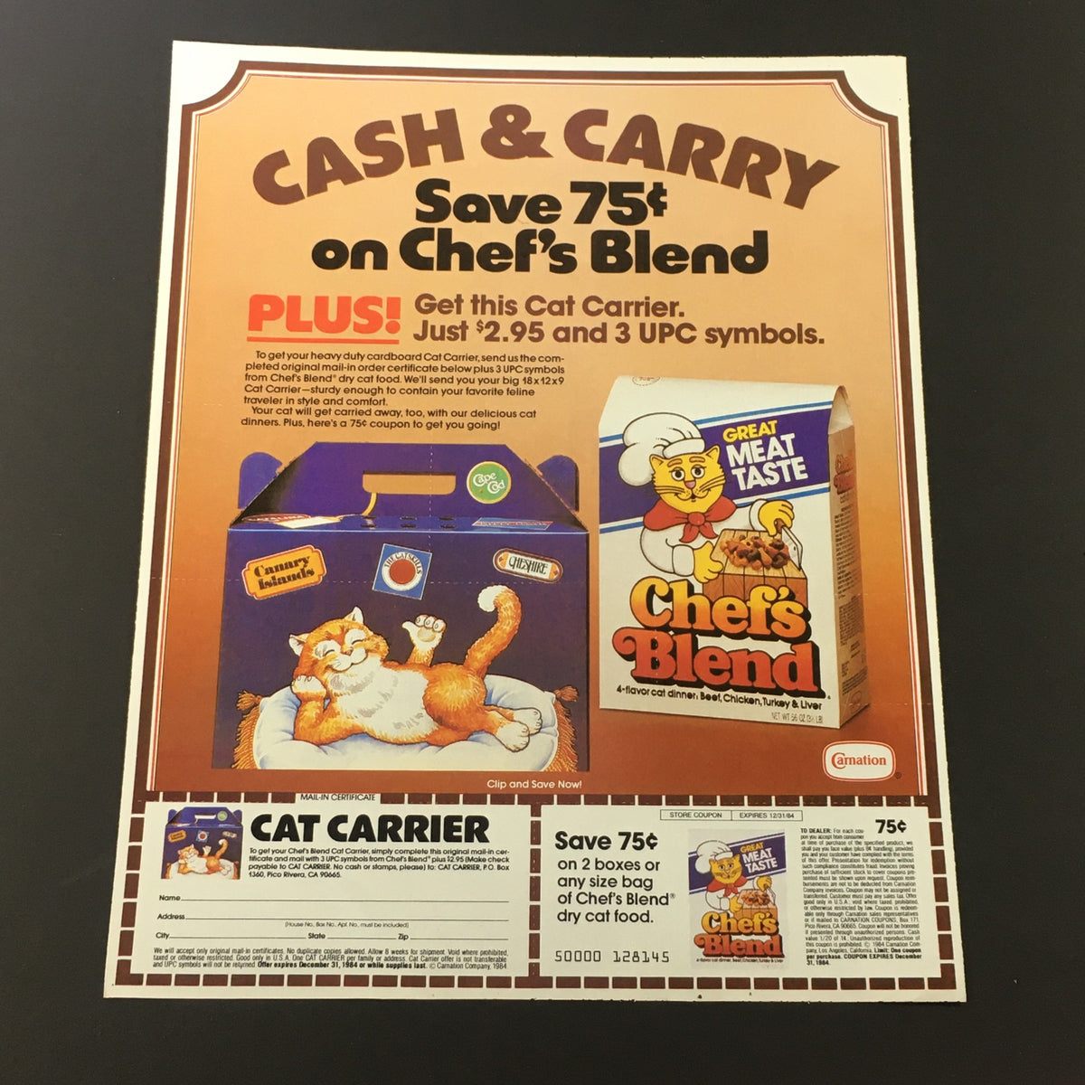 VTG Retro 1984 General Mills Monster Frosted Cereals Print Ad Coupon showcasing a cartoon cat with a food carrier, promoting the Chef's Blend cat food. Highlights savings on pet products alongside a creative, colorful design.
