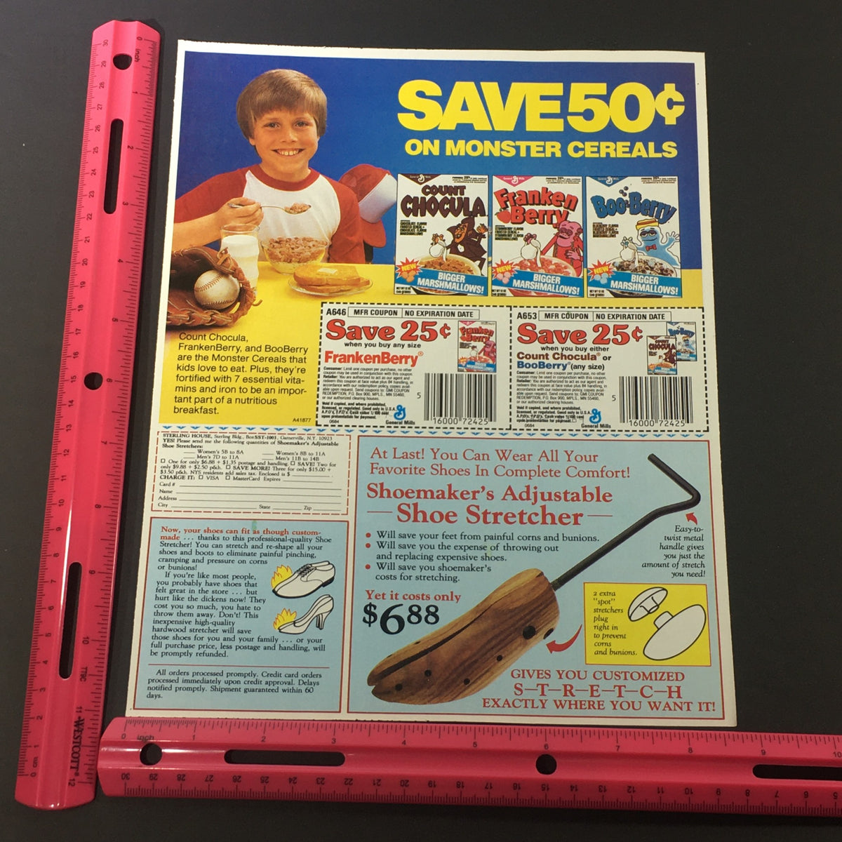 VTG Retro 1984 General Mills Monster Frosted Cereals Print Ad Coupon displaying a vibrant layout with savings on Monster cereals including Count Chocula and Franken Berry, accompanied by an adjustable shoe stretcher advertisement.
