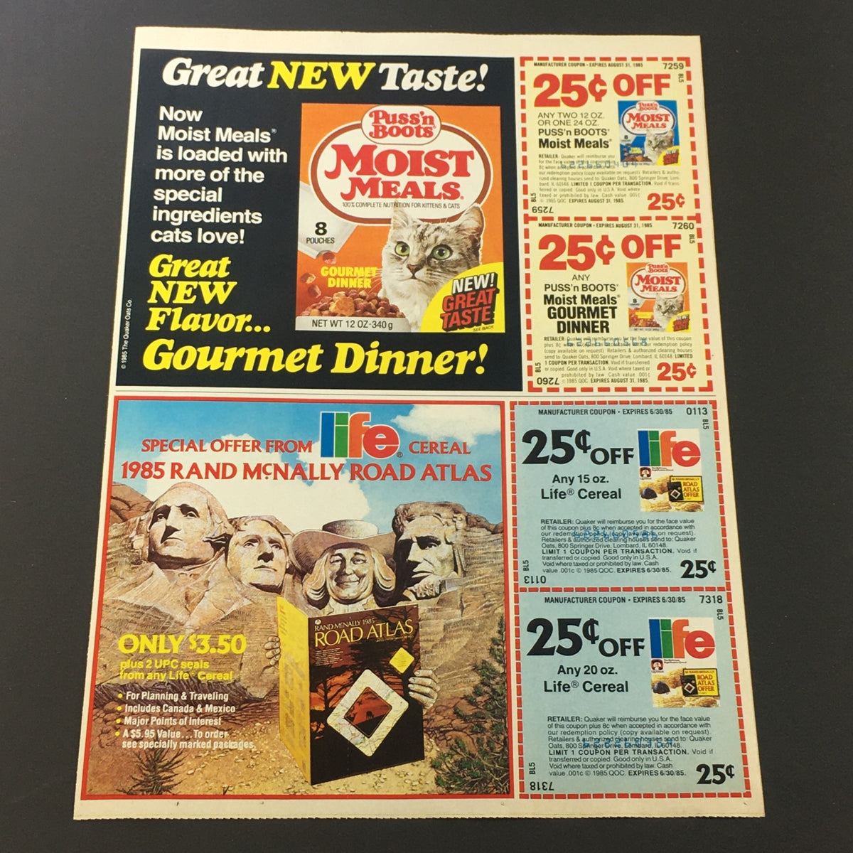VTG Retro 1985 Pepsi-Cola Six-Pack Coupon by Mail & Gillette Razors Ad Coupon featuring multiple products including Puss in Boots Moist Meals and a special offer for Life Cereal with coupon discounts. Vintage advertisement layout.