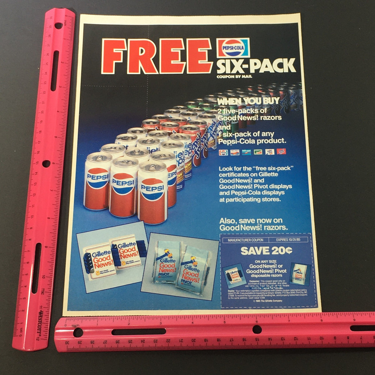 VTG Retro 1985 Pepsi-Cola Six-Pack Coupon by Mail & Gillette Razors Ad Coupon showing a close-up of Pepsi product displays alongside Good News razor promotions, with a ruler for size reference. Original ad in excellent condition.