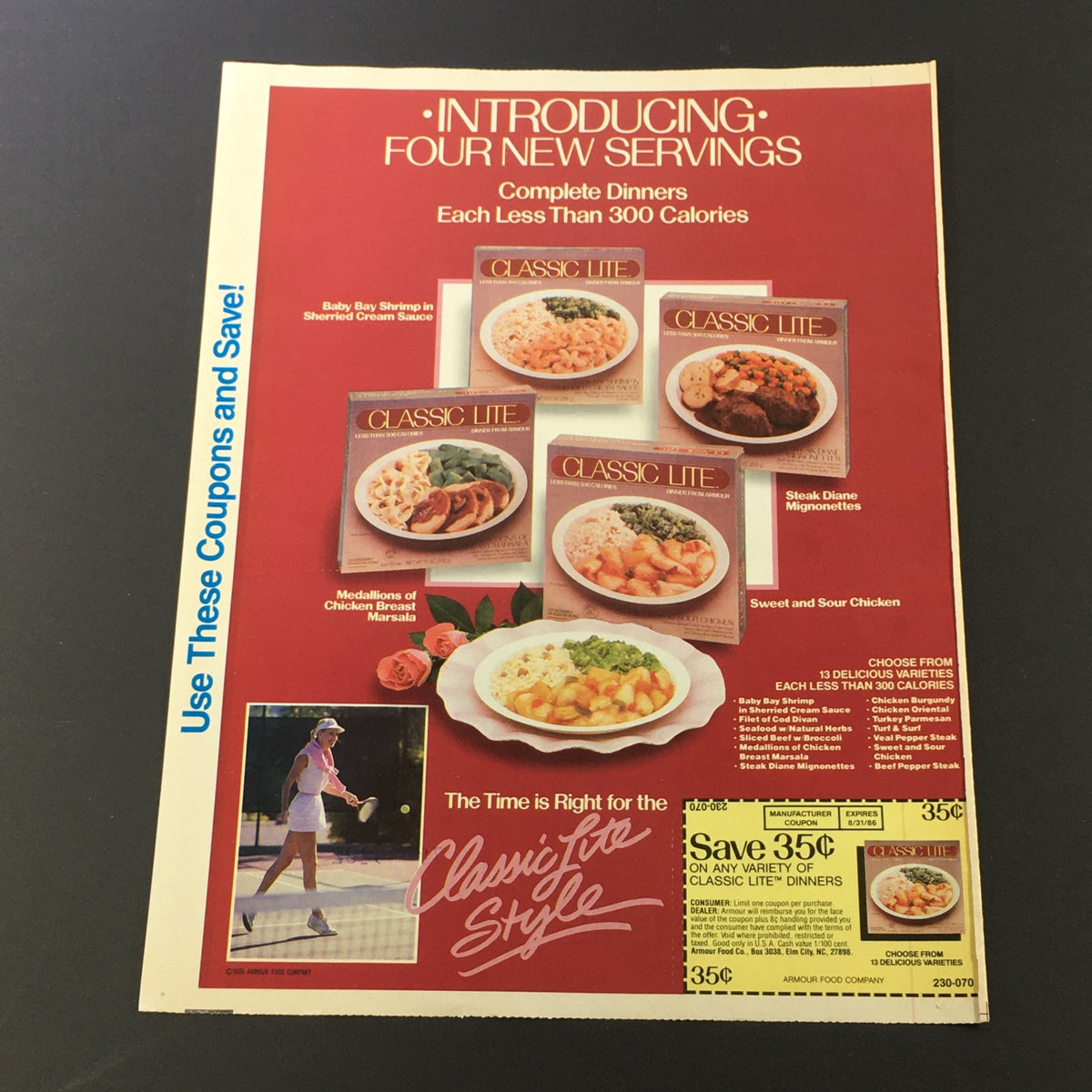 Vintage advertisement introducing Classic Lite dinners. The ad showcases four new meal options, emphasizing calorie count, with a promotional offer to save on purchases. Includes lifestyle imagery and attractive branding.