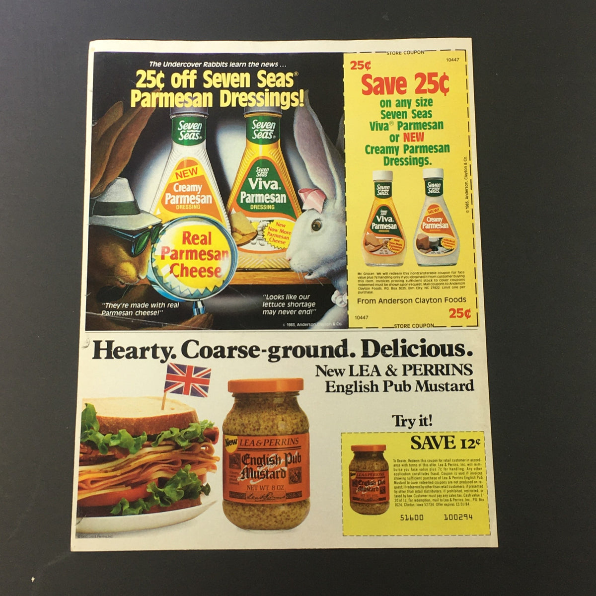 VTG Retro 1984 Kellogg's Frosted Flakes, Apple Jacks & Sugar Corn Pops Ad Coupon showcasing various food advertisements, including a coupon for Seven Seas Parmesan Dressings and Lea & Perrins English Pub Mustard.