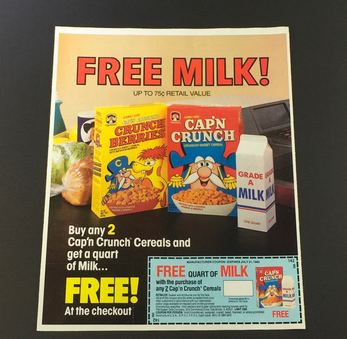 VTG Retro 1985 Quaker Crunch Berries & Cap'N Crunch Sweet Cereal Print Ad Coupon featuring colorful cereal boxes and a milk offer. Buy any 2 Cap'n Crunch cereals and get a quart of milk free!
