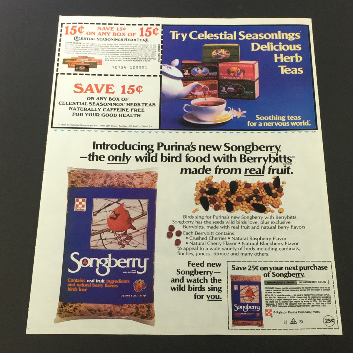 Additional nostalgic advertisement showcasing Celestial Seasonings Herb Teas and Purina's Songberry, presented in vintage print. Ideal for collectors of retro print ads.