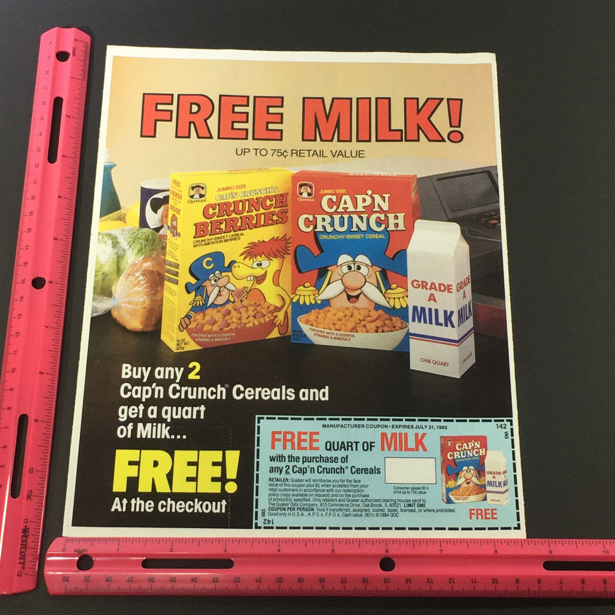 Alternate view of the VTG Retro 1985 Quaker Crunch Berries & Cap'N Crunch Sweet Cereal Print Ad Coupon, emphasizing the promotion for free milk with cereal purchase.