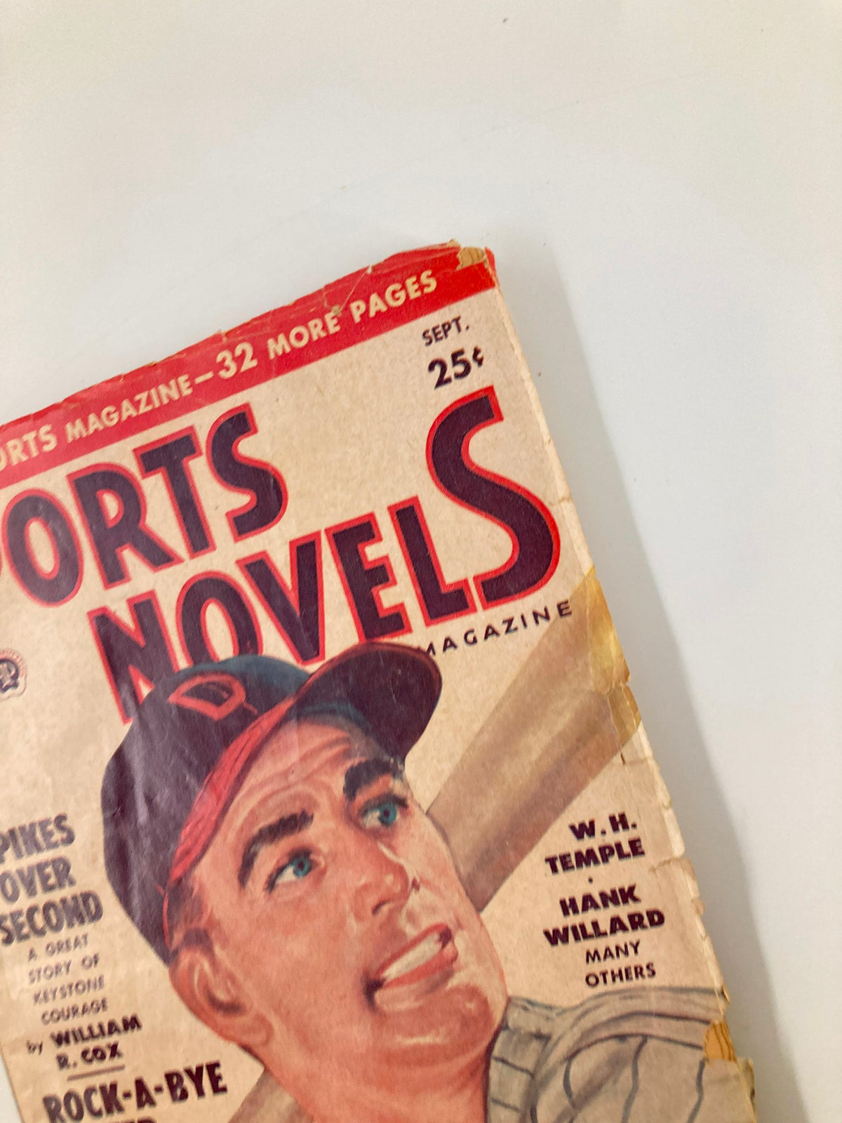 Detailed image of the corner of the VTG Sports Novel Magazine from September 1949, Volume 18, Issue #2, showing the title and minor imperfections that reflect its vintage character.