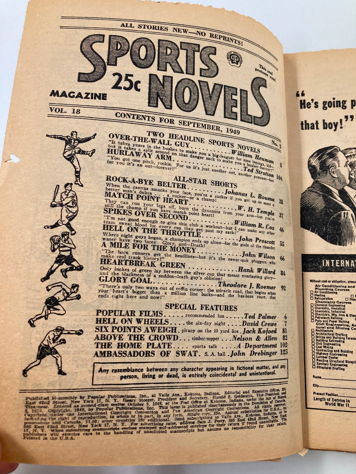 Interior page of the VTG Sports Novel Magazine September 1949 Vol 18 #2, showcasing the table of contents with features and stories from the issue, highlighting its classic sports-themed content.