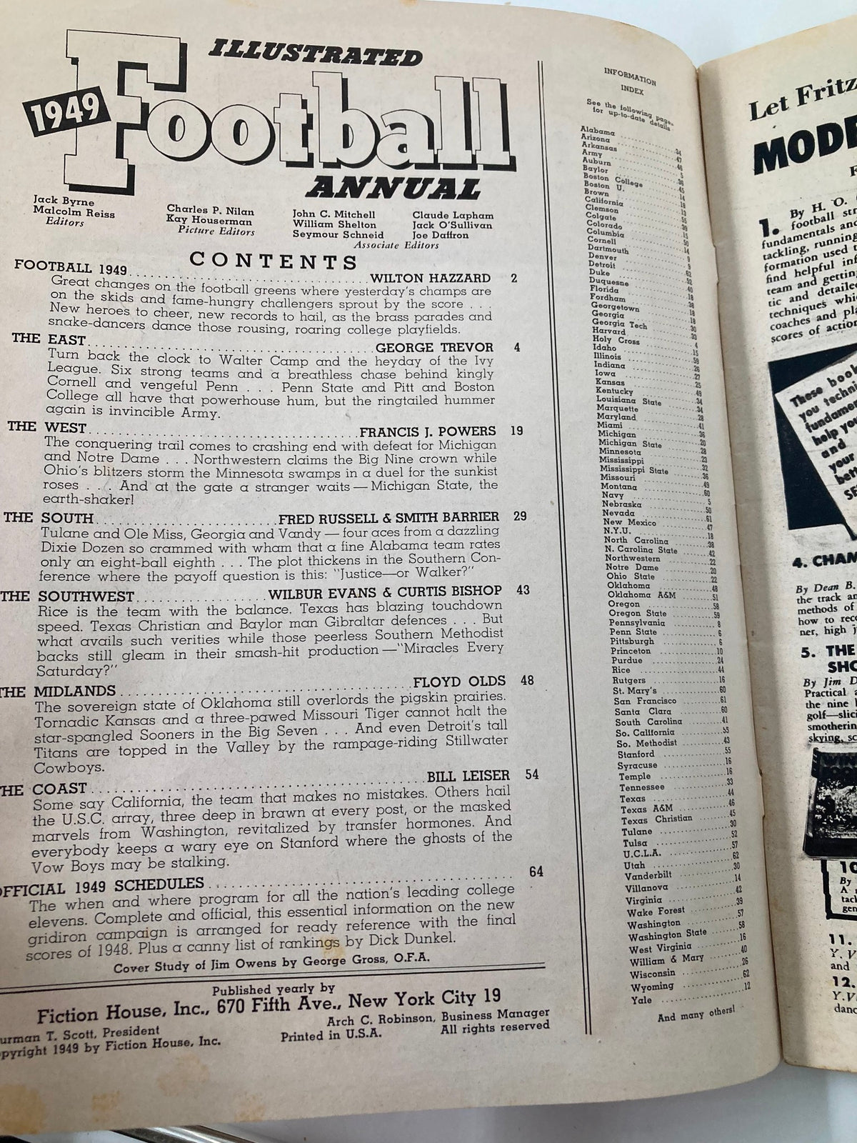 Interior page of the VTG Illustrated Football Annual 1949 displaying the contents section, highlighting various football articles and features.